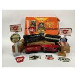 Marx Mechanical Train Set plus 9 Post Cereal Railroad Tin Signs