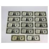 Fourteen Silver Certificate Dollar Bill Currency Money