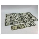 Fourteen Silver Certificate Dollar Bill Currency Money