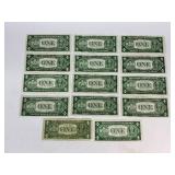Fourteen Silver Certificate Dollar Bill Currency Money
