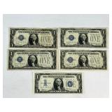 Five Funnyback Silver Certificate Dollar Bill Currency Money - Four 1928 & One 1934