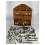 Vintage Wood Spoon Rack with Spoons and other Silverware