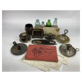 Antique Inkwells, Fountain Pens, Desk Set with Candle Holders and a 1901 Penmanship Guide