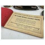 Antique Inkwells, Fountain Pens, Desk Set with Candle Holders and a 1901 Penmanship Guide