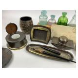 Antique Inkwells, Fountain Pens, Desk Set with Candle Holders and a 1901 Penmanship Guide