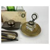 Antique Inkwells, Fountain Pens, Desk Set with Candle Holders and a 1901 Penmanship Guide