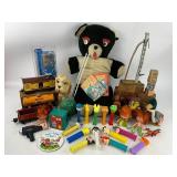 Vintage Toy Lot - Teddy Bear, Pez, Train Cars, Strawberry Shortcake