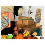 Vintage Toy Lot - Teddy Bear, Pez, Train Cars, Strawberry Shortcake
