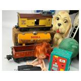 Vintage Toy Lot - Teddy Bear, Pez, Train Cars, Strawberry Shortcake