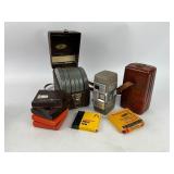 Vintage Revere Reel to Reel Movie Camera w/Caringing Case + Home Movies and Empty Canisters in Metal Box