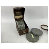 Vintage Revere Reel to Reel Movie Camera w/Caringing Case + Home Movies and Empty Canisters in Metal Box