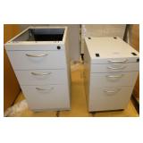 One open top file cabinet for under a desk and one mobile pedestal missing the cushion