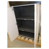 Two wood 2 door cabinets (36x17x45), One metal