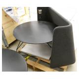 Two Herman Miller round tables 32 inch diameter, and a table top sound barrier