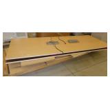 Two powered table tops with wood panel legs??