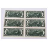 Lot of 6 Series 1976 'I' $2 Federal Reserve Notes