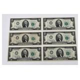 Lot of 6 Series 1976 'I' $2 Federal Reserve Notes
