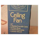 Windsor Browne Ceiling Fan - 4 Blade / One Side Cane, Antique Brass, 3 Speed Reversible 42' (in original packaging)