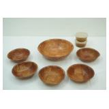 Vintage Wooden Woven Salad Bowl and 5 Serving Bowls; 2 Anchor Hocking Glass Bowls with Lids