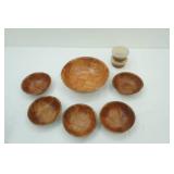 Vintage Wooden Woven Salad Bowl and 5 Serving Bowls; 2 Anchor Hocking Glass Bowls with Lids