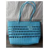 Turquoise Woven Tote Bag with Braided Handles - New