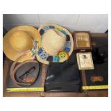 Vintage Accessories Lot with Hats, Leather Purse, Belt, Perfume, and 1980's radio wristband