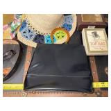 Vintage Accessories Lot with Hats, Leather Purse, Belt, Perfume, and 1980's radio wristband