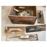Lot Including Approx. 8 Masonry Plastering Tools & Wooden Tote