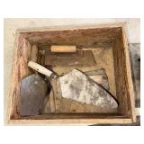 Lot Including Approx. 8 Masonry Plastering Tools & Wooden Tote