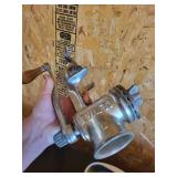 Mixed Kitchen Lot: Hand Grinder, Cast Iron Skillet & Glass Mugs