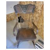 Antique Pressed Back Wood Rocking Chair With Carved Crest Back