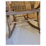 Antique Pressed Back Wood Rocking Chair With Carved Crest Back