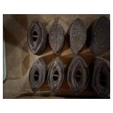 8 Cast Iron Sad Irons & Mesa Pride Peach Crate