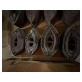 8 Cast Iron Sad Irons & Mesa Pride Peach Crate