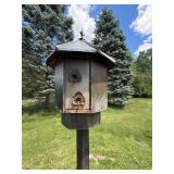 Metal Garden Birdhouse on Post 7ft Tall Hexagonal Outdoor Yard Decor with Pull Down Feature for easy filling