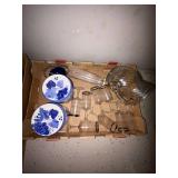 Lot Including Glass Pitcher Stemware Vase & Blue Grape Canisters