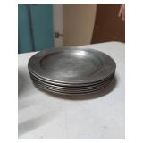 6 STEDE Pewter Plates & Pyrex Colonial Revival Glass Tea Strainer