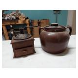 Antique Coffee Grinder & Brown Stoneware Crock Jar