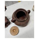 Antique Coffee Grinder & Brown Stoneware Crock Jar