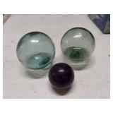 2 Japanese Aqua Glass Floats & Cobalt Lightning Rod Ball