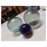 2 Japanese Aqua Glass Floats & Cobalt Lightning Rod Ball