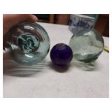 2 Japanese Aqua Glass Floats & Cobalt Lightning Rod Ball
