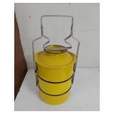 Vintage Yellow Enamel Tiffin Lunch Carrier 3 Tier Metal Handle