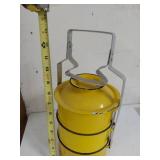 Vintage Yellow Enamel Tiffin Lunch Carrier 3 Tier Metal Handle
