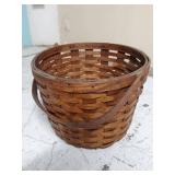 Vintage Woven Wood Basket With Swing Handle Round Gathering Style