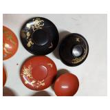 Lot Including 10 Japanese Lacquerware Bowls & Saucers Red Black