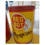Lot Including 2 Vintage Red Dot Popcorn Tins Clown Graphics