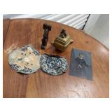 Lot Including Brass Censer Carved Figure Textiles Portrait Photo