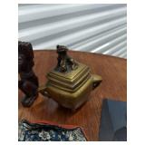 Lot Including Brass Censer Carved Figure Textiles Portrait Photo