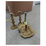 Lot Including Antique English Brass Candlesticks & Chamberstick 4pc